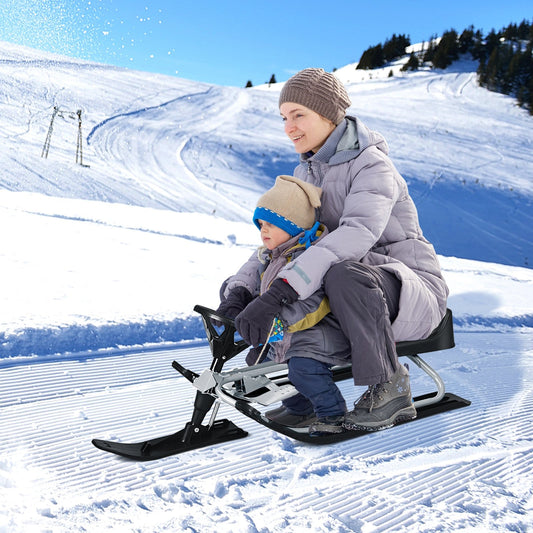 Kids Snow Sled with Steering Wheel and Double Brakes Pull Rope, Gray - Gallery Canada