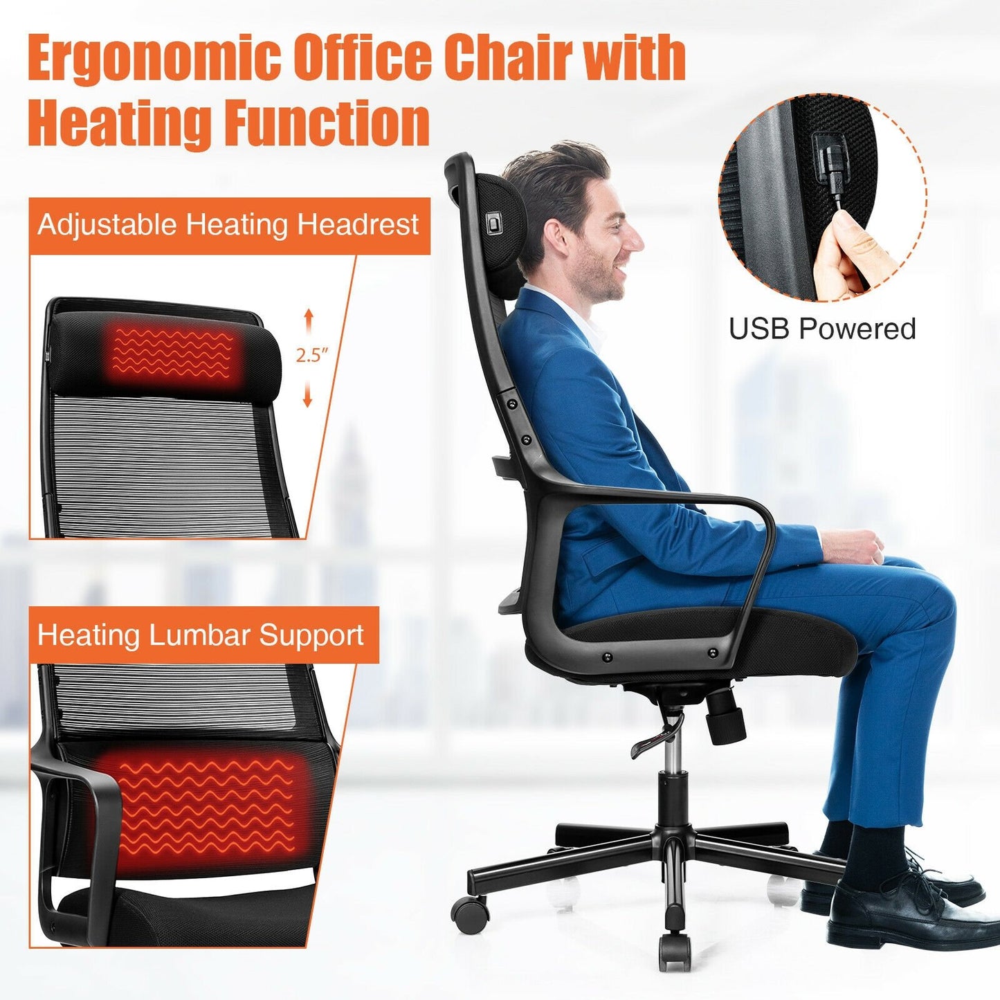Adjustable Mesh Office Chair with Heating Support Headrest, Black - Gallery Canada