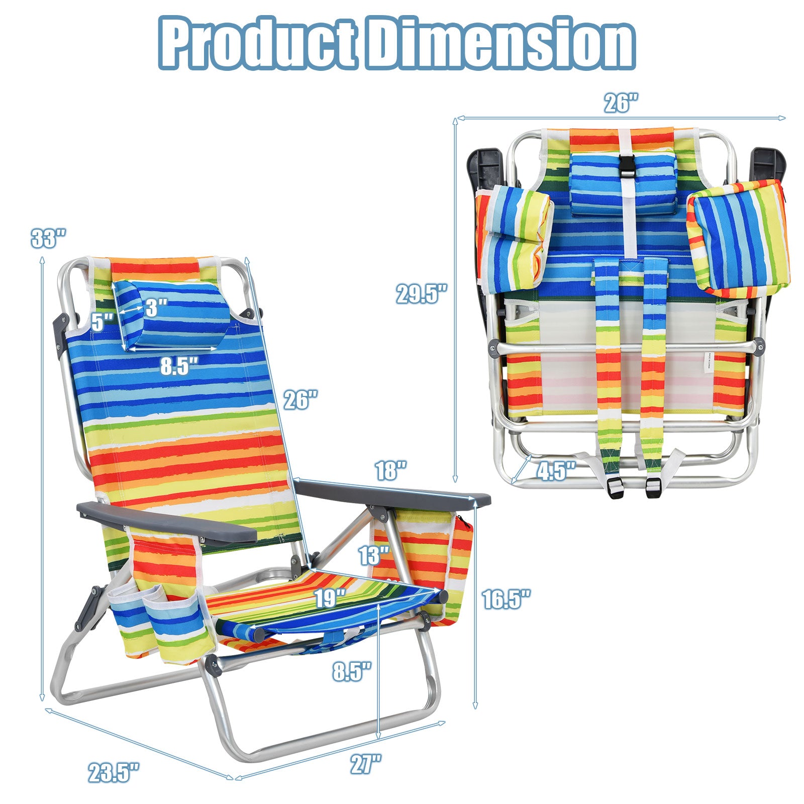 2-Pack Folding Backpack Beach Chair 5-Position Outdoor Reclining Chairs with Pillow, Yellow Beach & Lawn Chairs at Gallery Canada