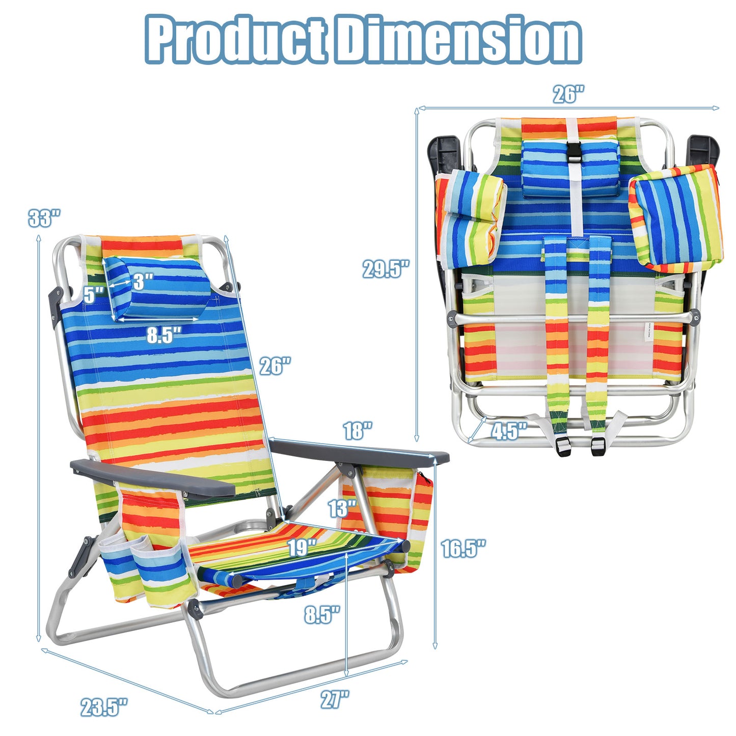 2-Pack Folding Backpack Beach Chair 5-Position Outdoor Reclining Chairs with Pillow, Yellow Beach & Lawn Chairs at Gallery Canada
