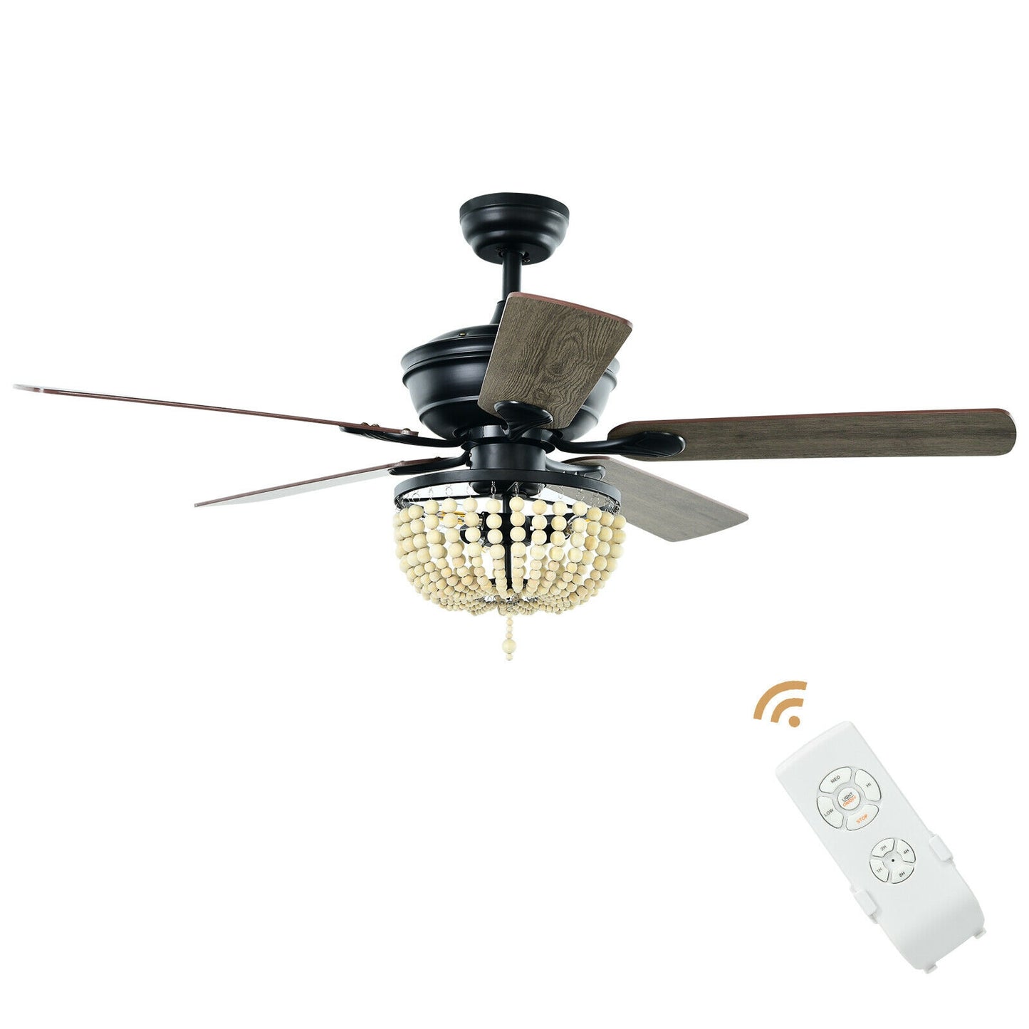 52 Inch Retro Ceiling Fan With Light, Reversible Blades, Remote Control, Black