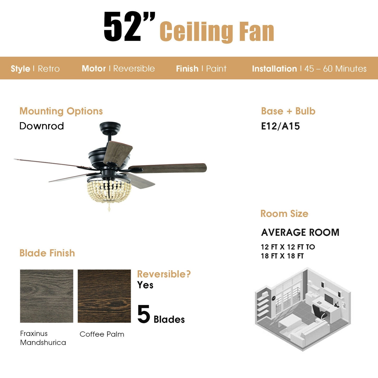 52 Inch Retro Ceiling Fan Light with Reversible Blades Remote Control, Black Ceiling Fans at Gallery Canada