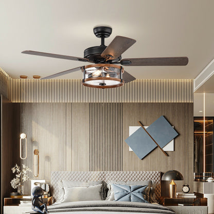 52" Retro Ceiling Fan Lamp with Glass Shade Reversible Blade Remote Control, Black at Gallery Canada