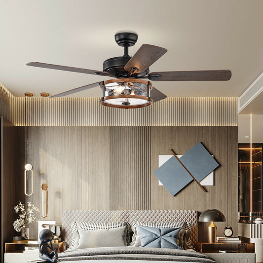 52" Retro Ceiling Fan Lamp with Glass Shade Reversible Blade Remote Control, Black - Gallery Canada