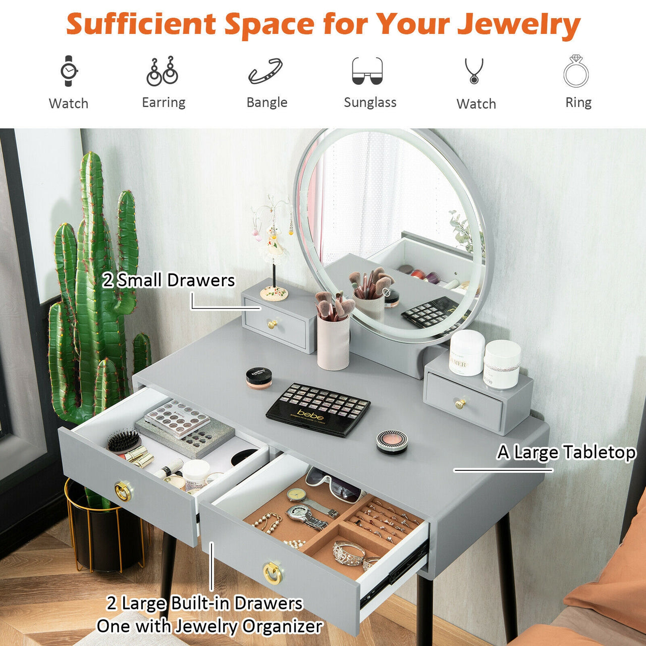 Vanity Table Set with 3-Color Adjustable & Dimmable LED Light and 2 Storage Cases & 2 Drawers - Gallery View 9 of 10