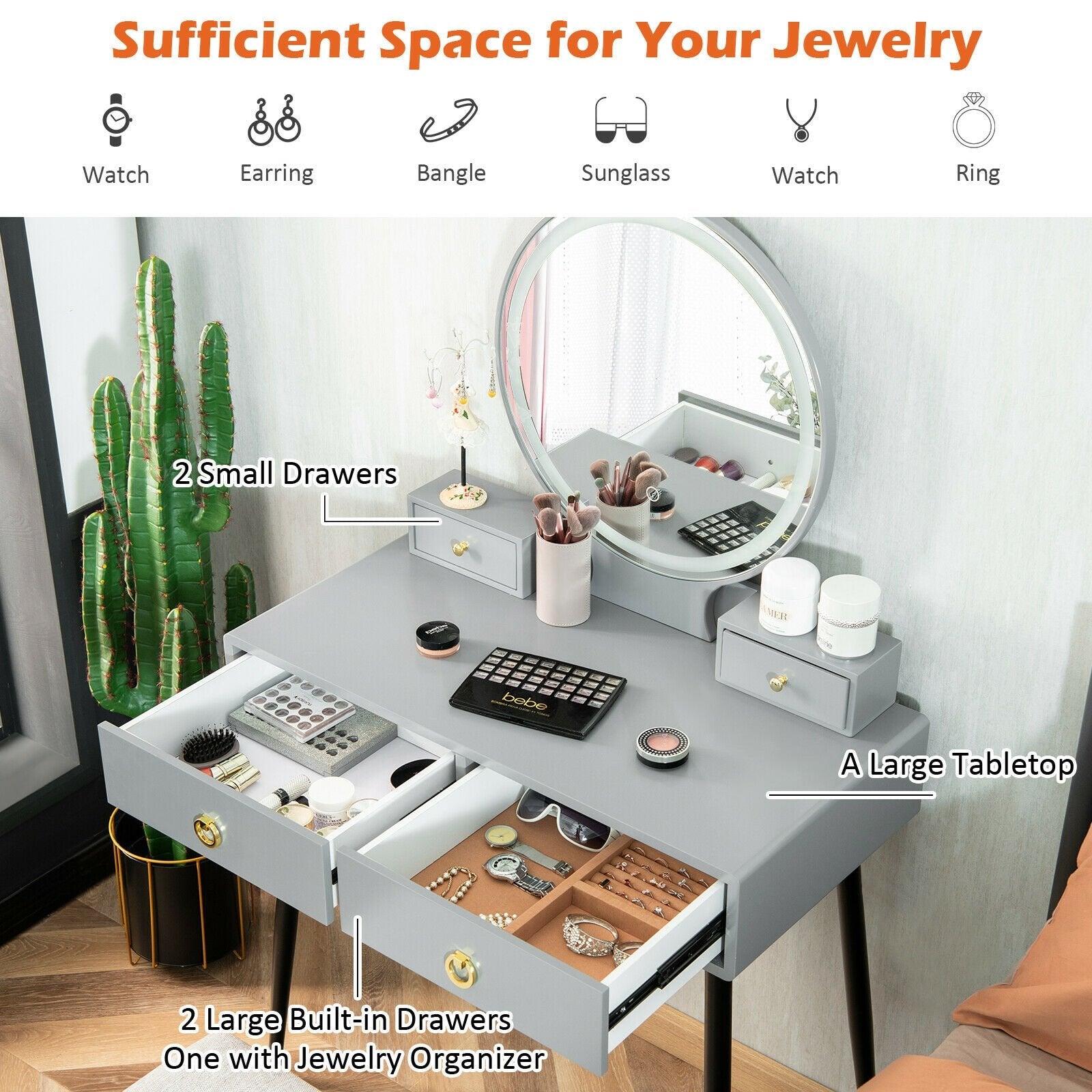 Vanity Table Set with Mirror, Gray - Gallery Canada
