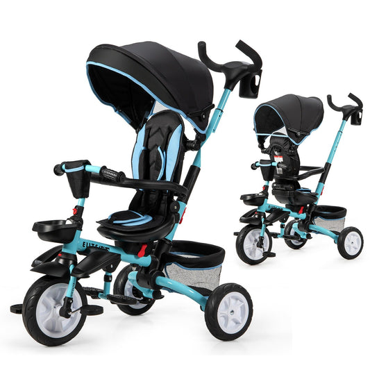 6-in-1 Detachable Kids Baby Stroller Tricycle with Canopy and Safety Harness, Blue - Gallery Canada