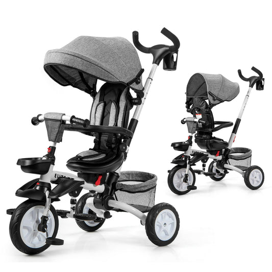 6-in-1 Detachable Kids Baby Stroller Tricycle with Canopy and Safety Harness, Gray - Gallery Canada
