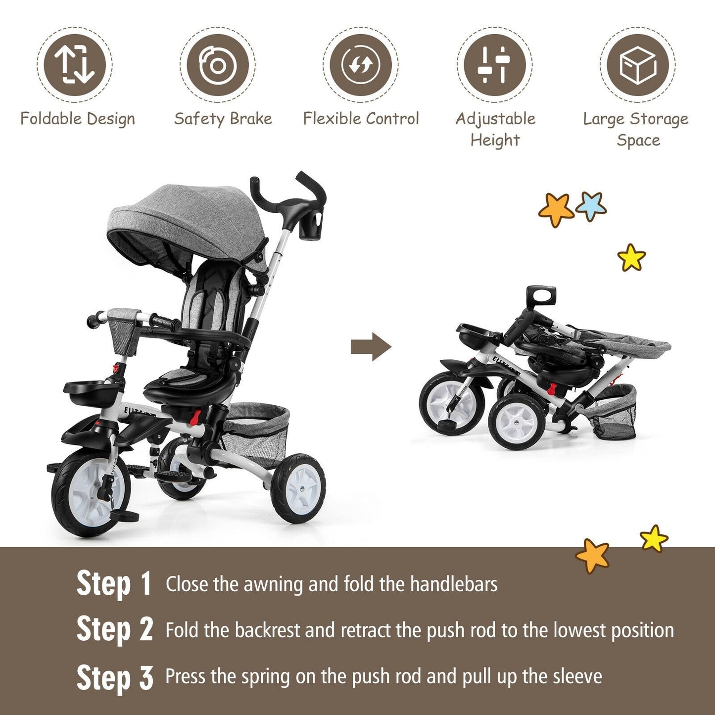 6-in-1 Detachable Kids Baby Stroller Tricycle with Canopy and Safety Harness, Gray