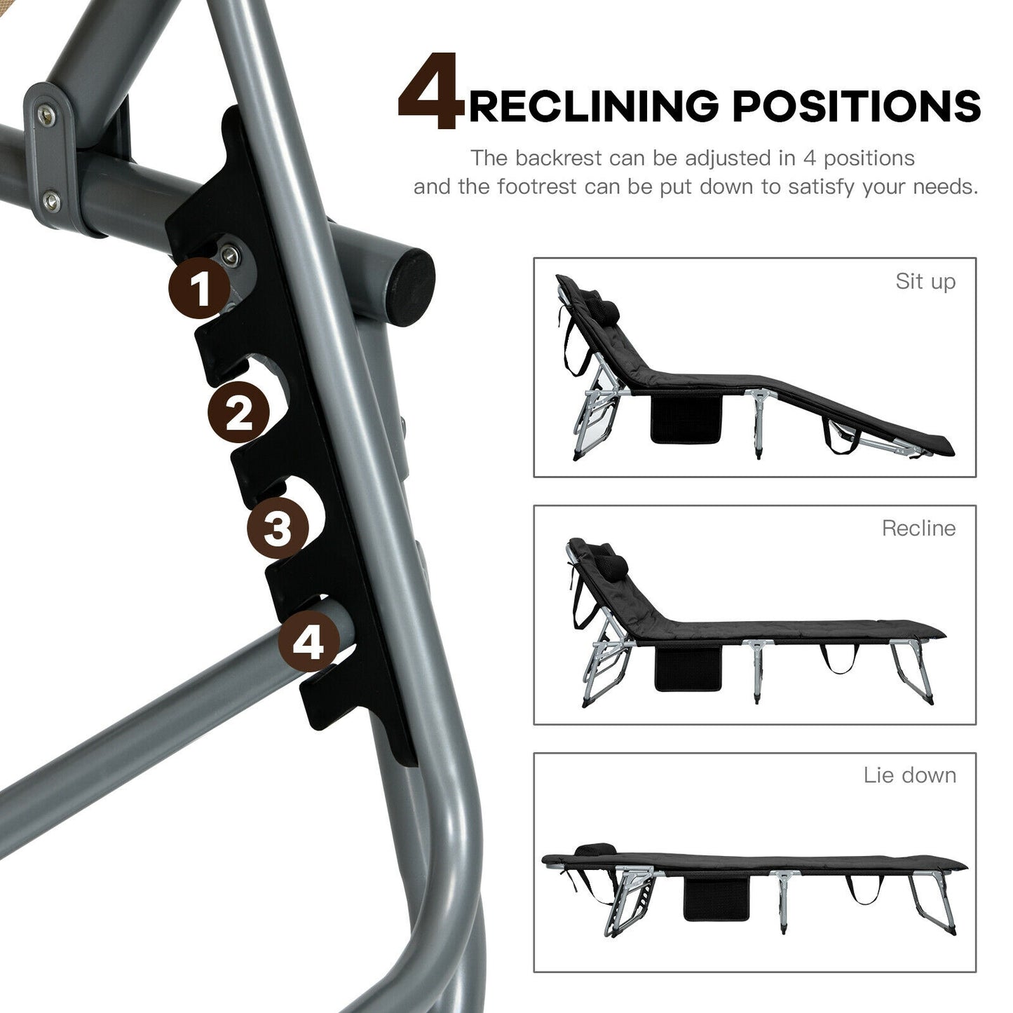 4-Fold Oversize Padded Folding Lounge Chair with Removable Soft Mattress, Black Outdoor Chaise Lounges at Gallery Canada