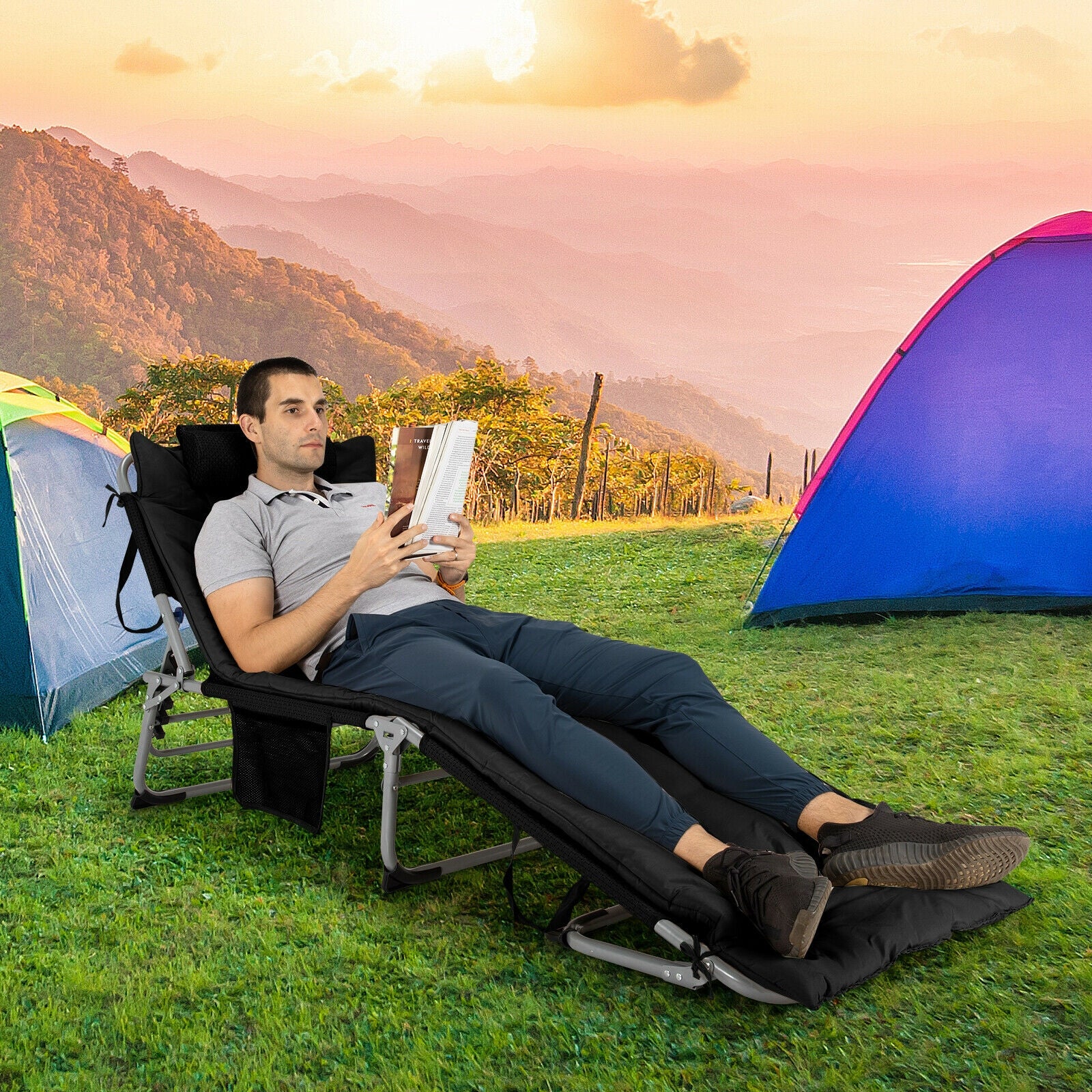 4-Fold Oversize Padded Folding Lounge Chair with Removable Soft Mattress, Black Outdoor Chaise Lounges at Gallery Canada