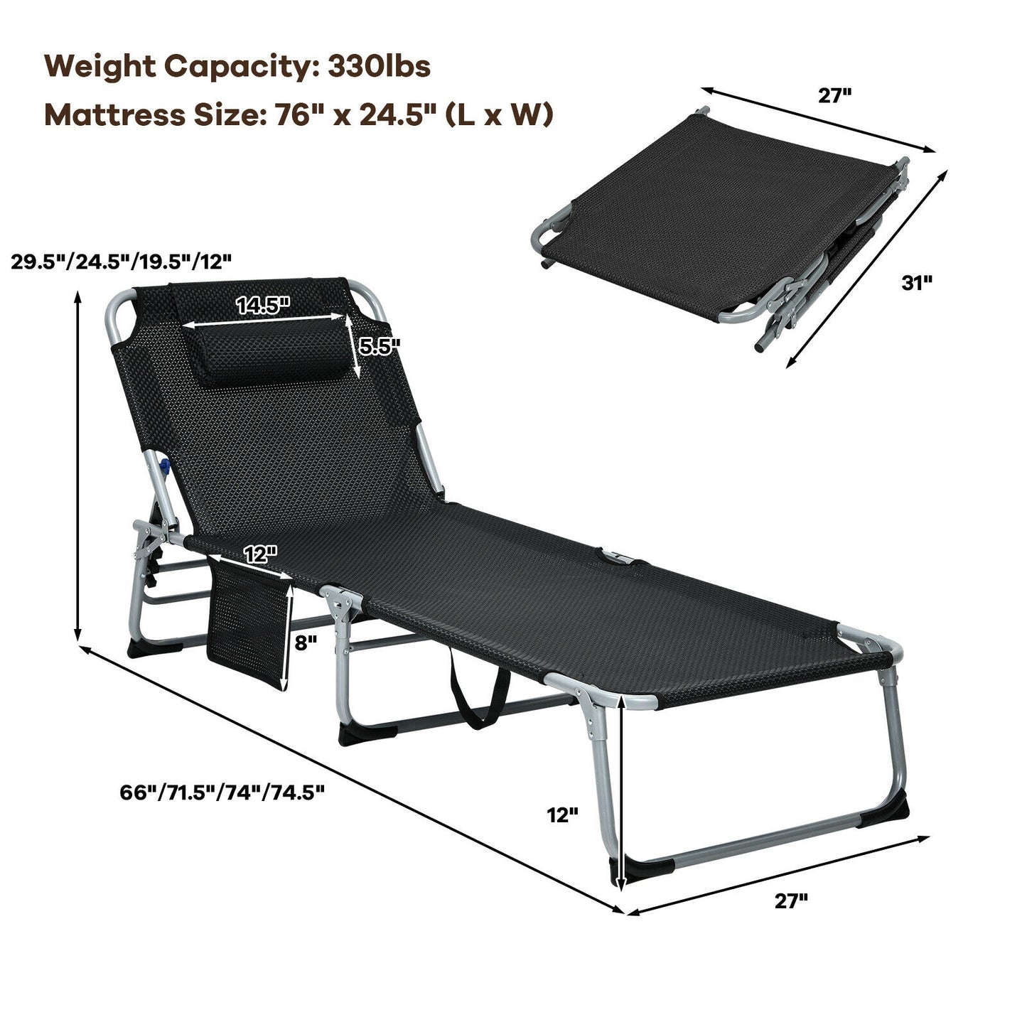 4-Fold Oversize Padded Folding Lounge Chair with Removable Soft Mattress, Black Outdoor Chaise Lounges at Gallery Canada
