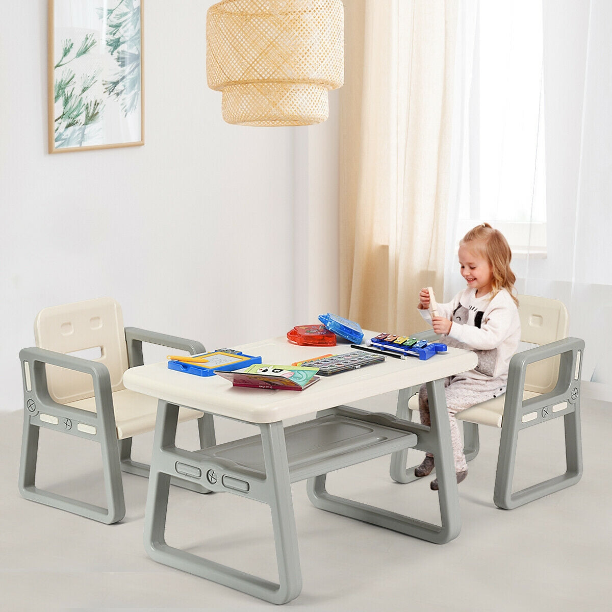 Kids Table and 2 Chairs Set with Storage Shelf, White Kids Chairs & Seating at Gallery Canada