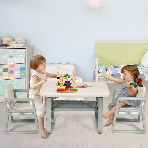 Kids Table and 2 Chairs Set with Storage Shelf, White