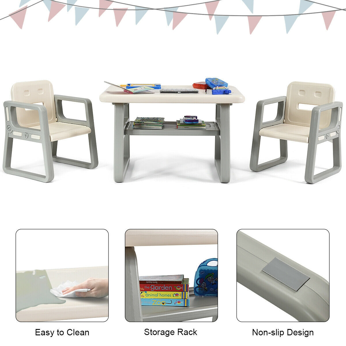 Kids Table and 2 Chairs Set with Storage Shelf, White Kids Chairs & Seating at Gallery Canada