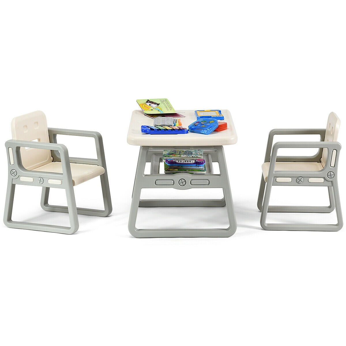 Kids Table and 2 Chairs Set with Storage Shelf, White Kids Chairs & Seating at Gallery Canada