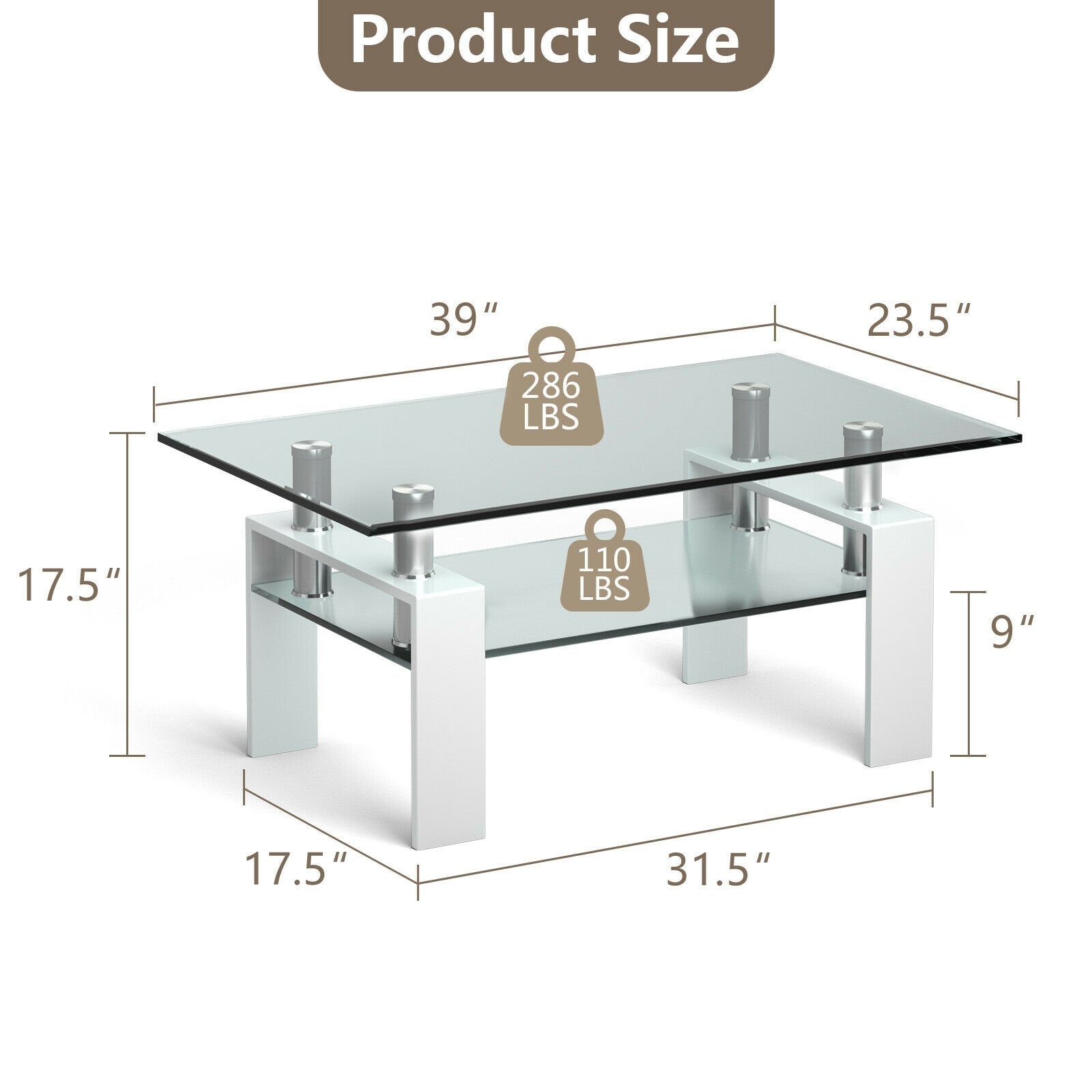 Rectangle Glass Coffee Table with Metal Legs for Living Room, White - Gallery Canada