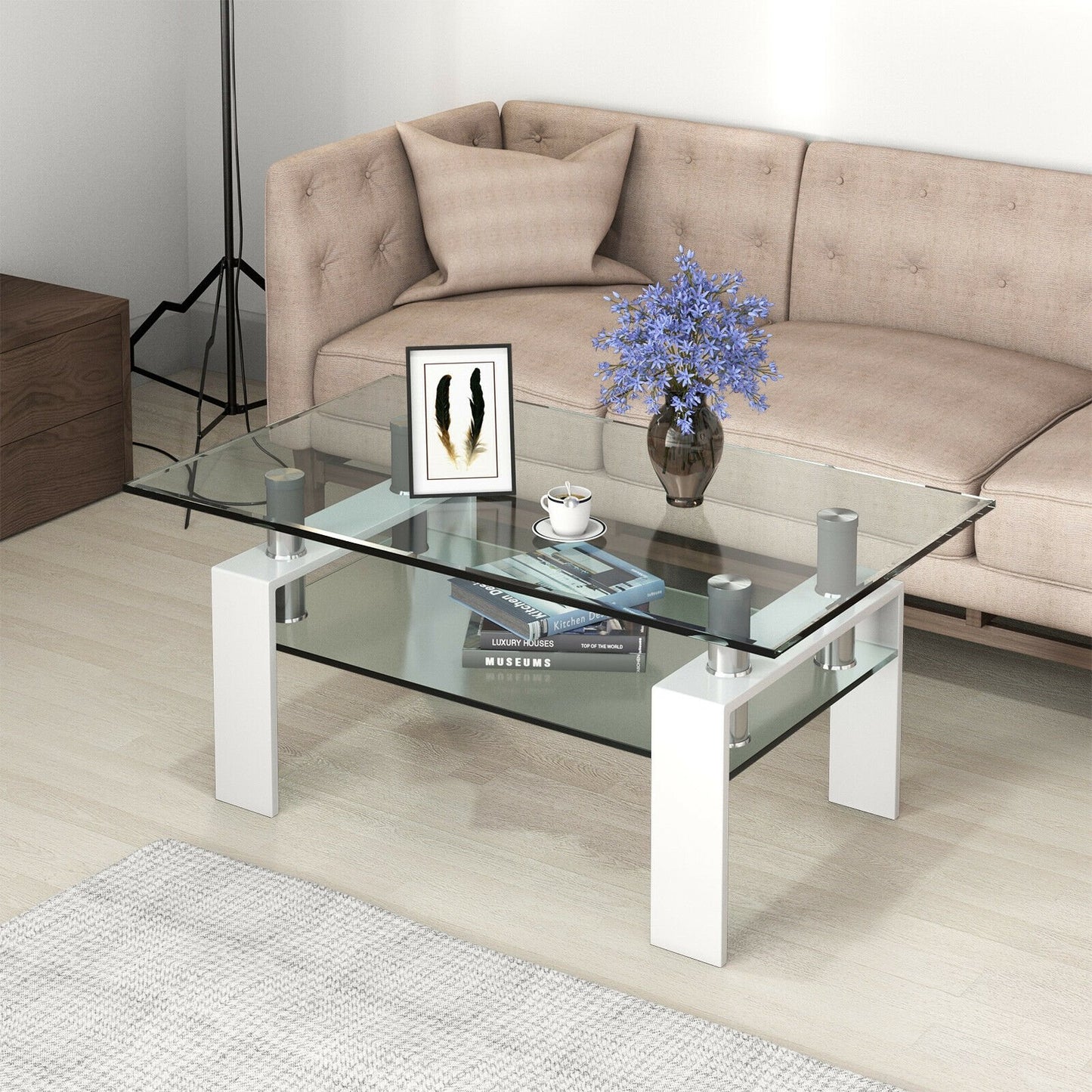 Rectangle Glass Coffee Table with Metal Legs for Living Room, White - Gallery Canada