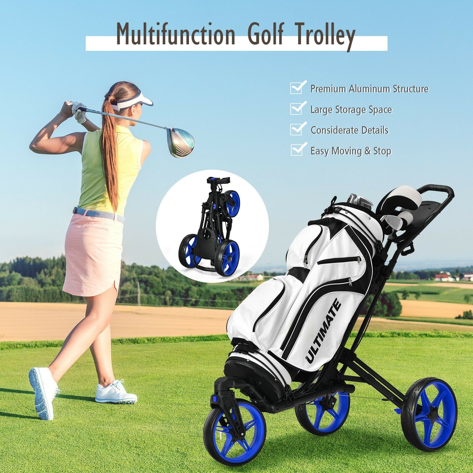 Folding Golf Push Cart with Scoreboard Adjustable Handle Swivel Wheel, Blue - Gallery Canada