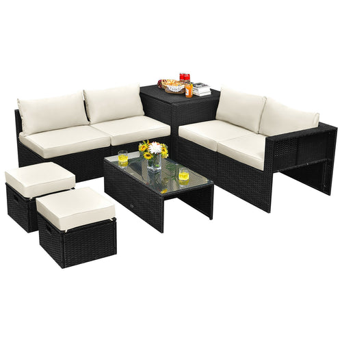 8 Pieces Patio Rattan Storage Table Furniture Set, Off White