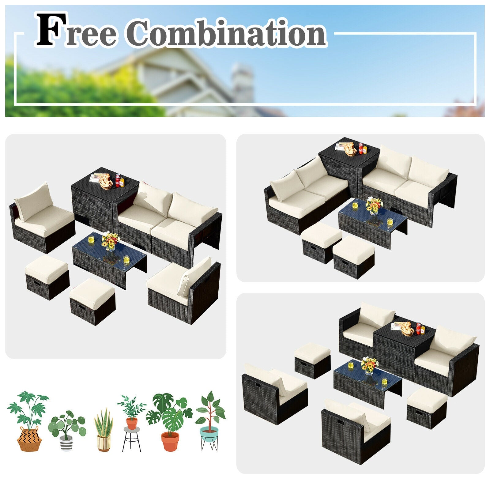 8 Pieces Patio Rattan Storage Table Furniture Set, Off White Outdoor Sectionals at Gallery Canada