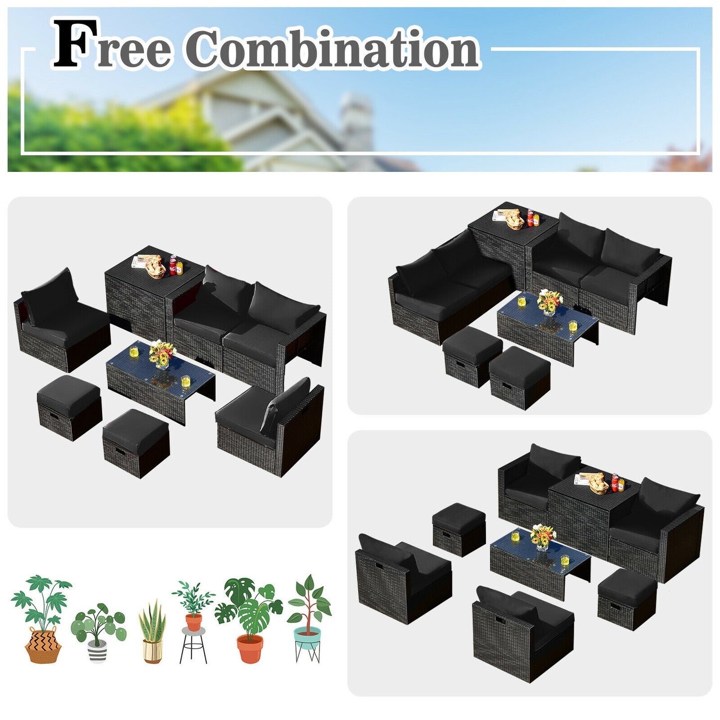 8 Pieces Patio Rattan Storage Table Furniture Set, Black Outdoor Sectionals at Gallery Canada
