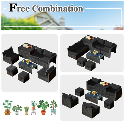 8 Pieces Patio Rattan Storage Table Furniture Set, Black Outdoor Sectionals at Gallery Canada