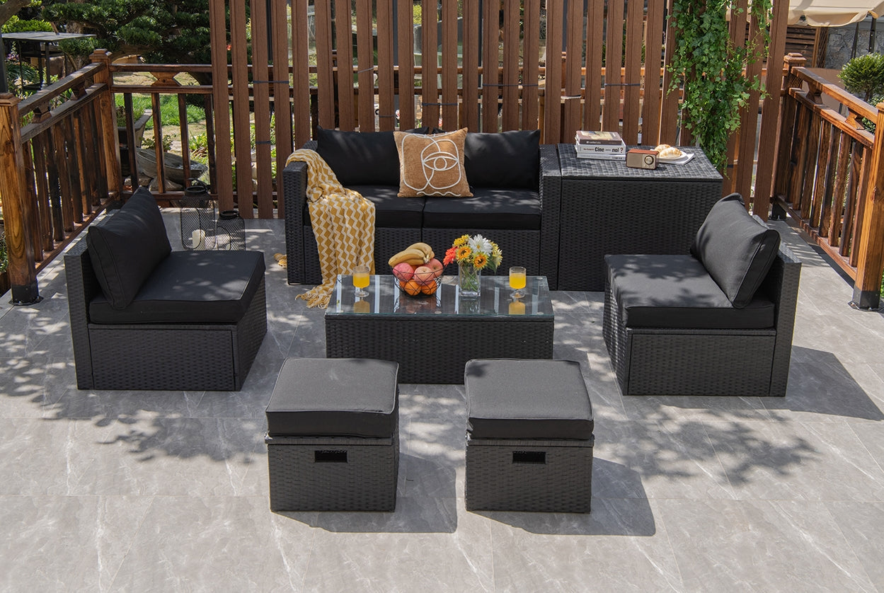 8 Pieces Patio Rattan Storage Table Furniture Set, Black Outdoor Sectionals at Gallery Canada