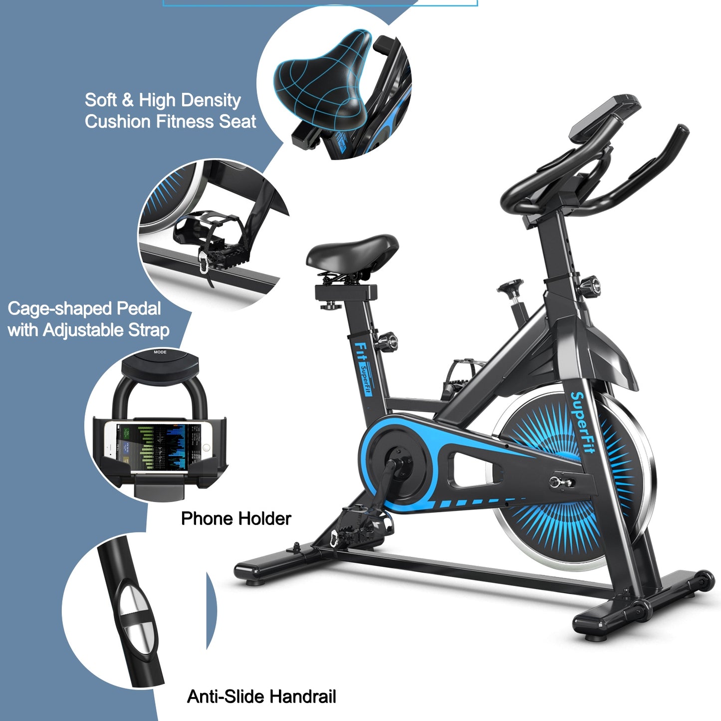 Indoor Silent Belt Drive Adjustable Resistance Cycling Stationary Bike, Blue Exercise Bikes at Gallery Canada