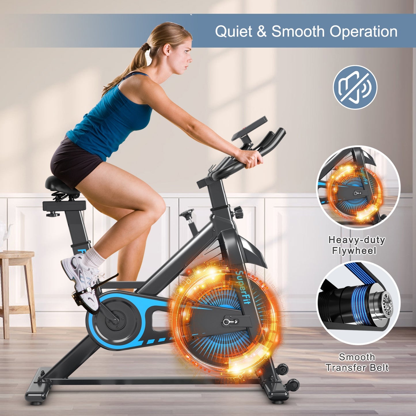 Indoor Silent Belt Drive Adjustable Resistance Cycling Stationary Bike, Blue Exercise Bikes at Gallery Canada