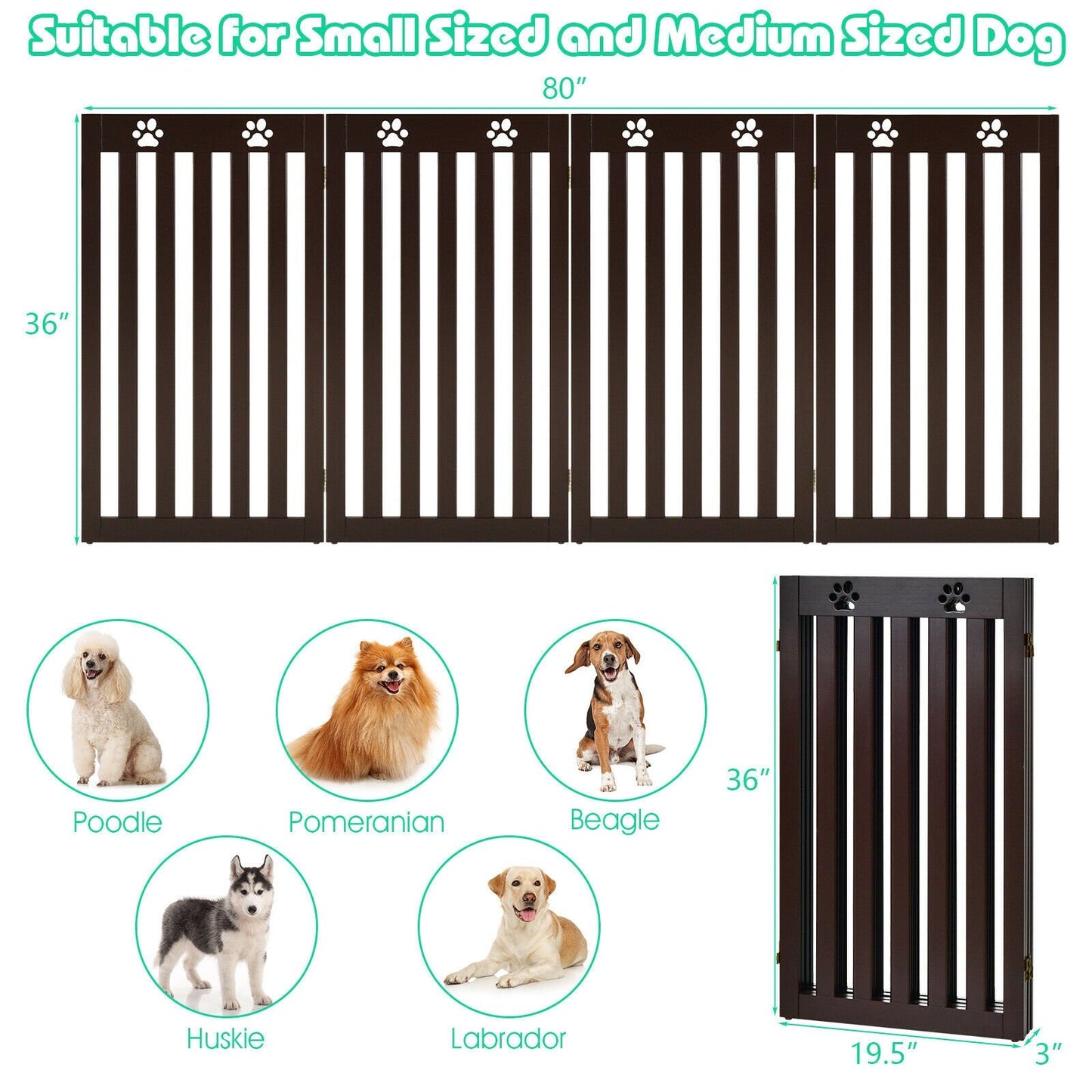 36 Inch Folding Wooden Freestanding Pet Gate  with 360° Hinge, Dark Brown - Gallery Canada