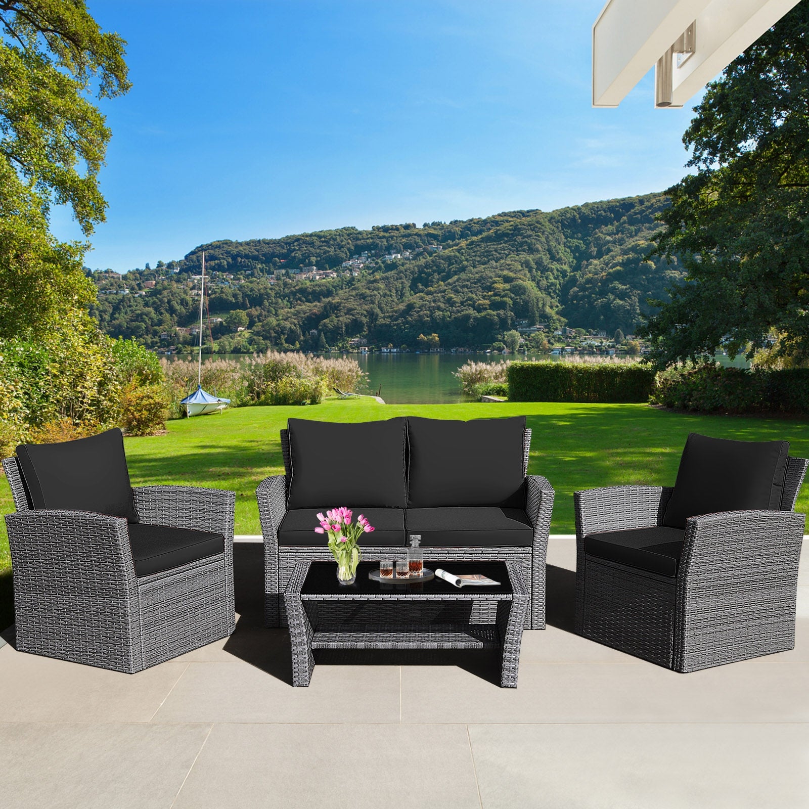 4 Pieces Patio Rattan Furniture Set Sofa Table with Storage Shelf Cushion, Black Patio Conversation Sets at Gallery Canada