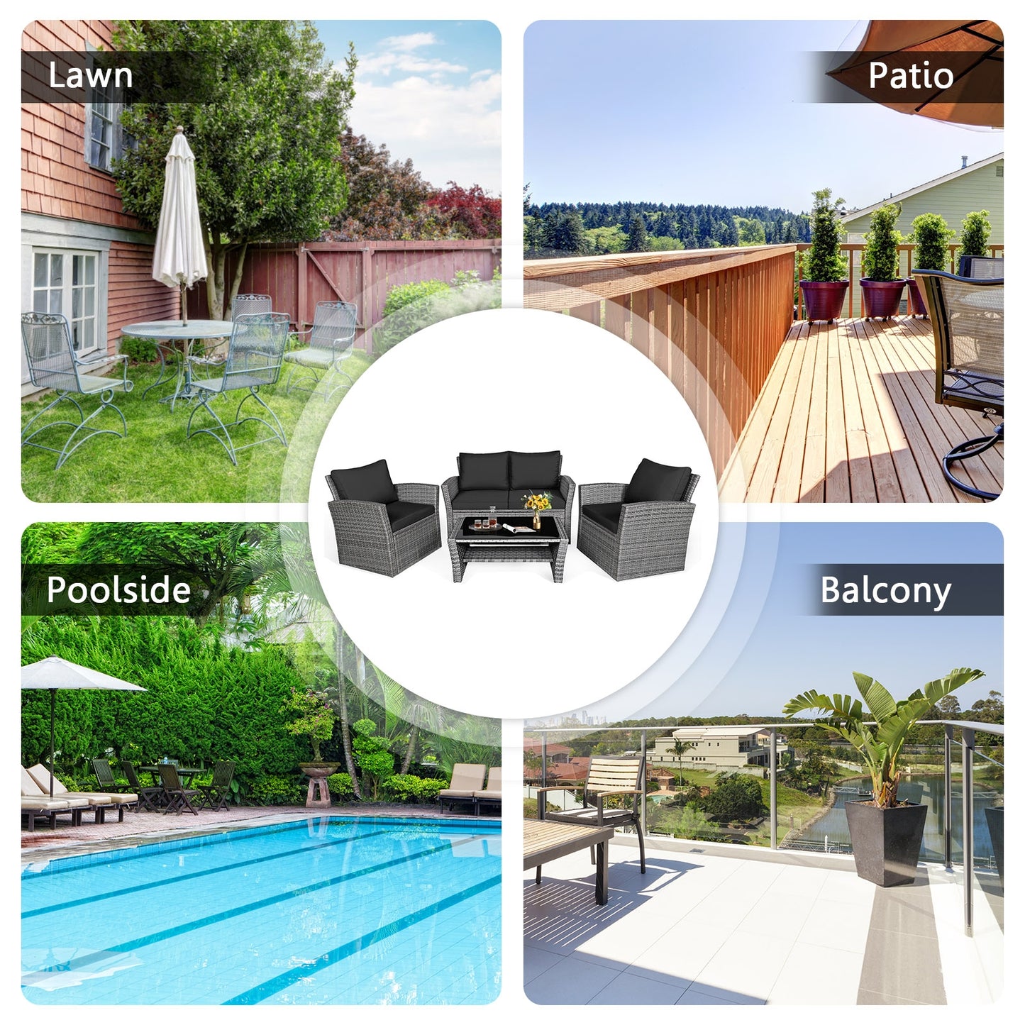 4 Pieces Patio Rattan Furniture Set Sofa Table with Storage Shelf Cushion, Black Patio Conversation Sets at Gallery Canada