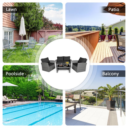 4 Pieces Patio Rattan Furniture Set Sofa Table with Storage Shelf Cushion, Black Patio Conversation Sets at Gallery Canada