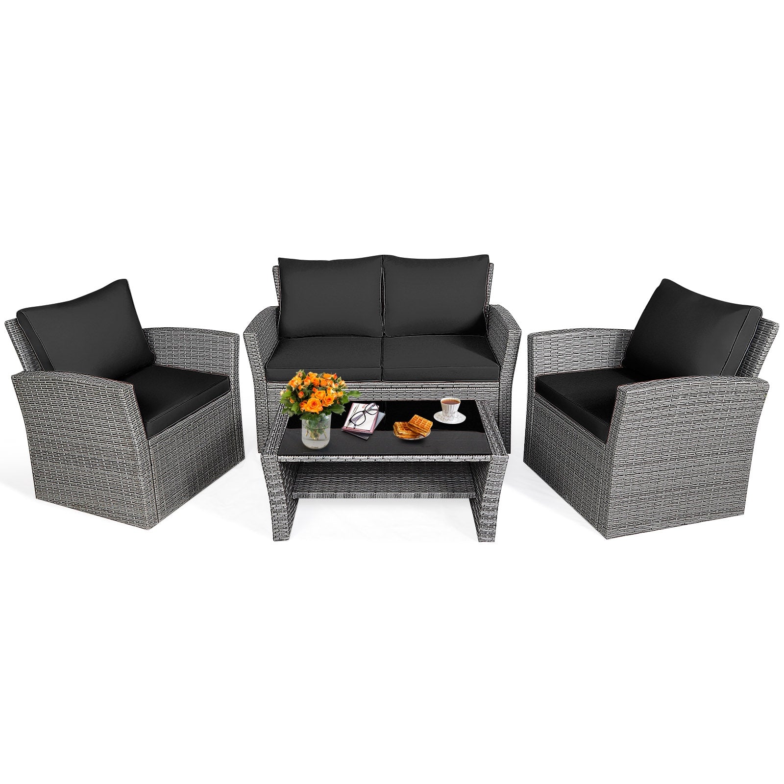 4 Piece Patio Rattan Furniture Set, Sofa Table With Storage Shelf Cushion, Black Patio Conversation Sets at Gallery Canada