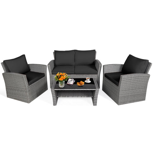 4 Piece Patio Rattan Furniture Set, Sofa Table With Storage Shelf Cushion, Black