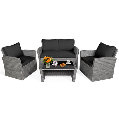 4 Pieces Patio Rattan Furniture Set Sofa Table with Storage Shelf Cushion, Black Patio Conversation Sets Black at Gallery Canada