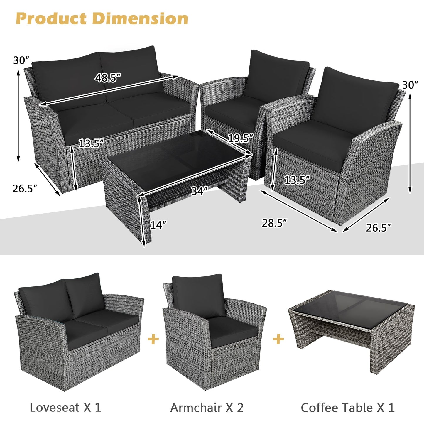 4 Piece Patio Rattan Furniture Set, Sofa Table With Storage Shelf Cushion, Black Patio Conversation Sets at Gallery Canada