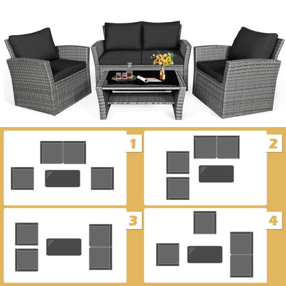 4 Pieces Patio Rattan Furniture Set Sofa Table with Storage Shelf Cushion, Black Patio Conversation Sets at Gallery Canada