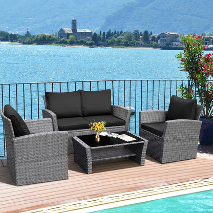 4 Pieces Patio Rattan Furniture Set Sofa Table with Storage Shelf Cushion, Black Patio Conversation Sets at Gallery Canada