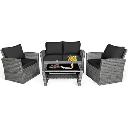 4 Pieces Patio Rattan Furniture Set Sofa Table with Storage Shelf Cushion, Black Patio Conversation Sets at Gallery Canada