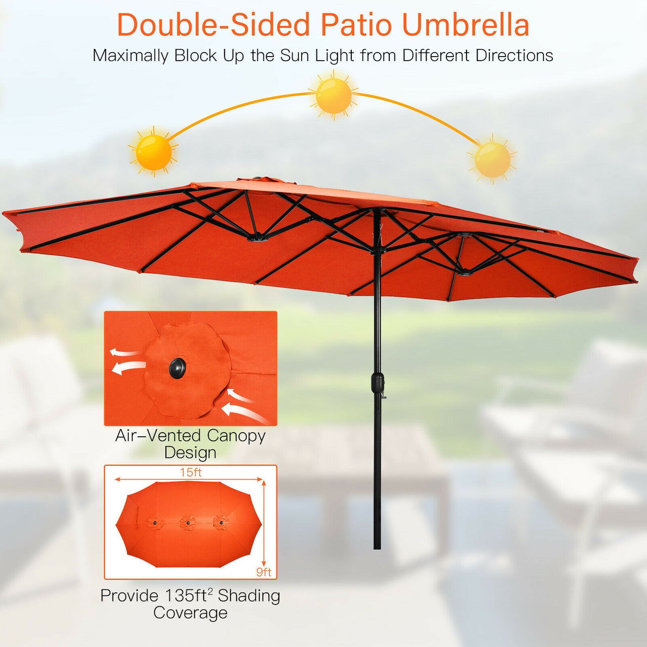 15 Feet Double-Sided Twin Patio Umbrella with Crank and Base Coffee in Outdoor Market - Gallery View 9 of 11