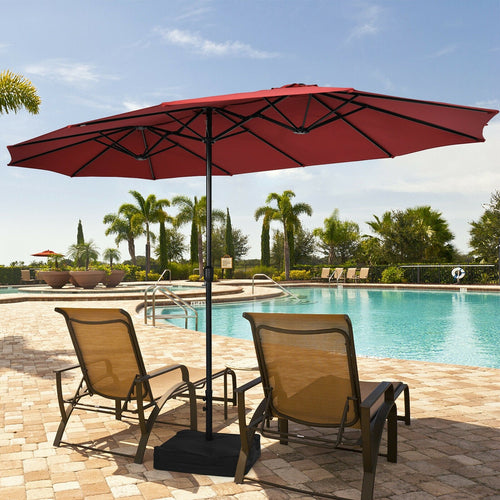 15 Feet Double-Sided Twin Patio Umbrella with Crank and Base Coffee in Outdoor Market, Red