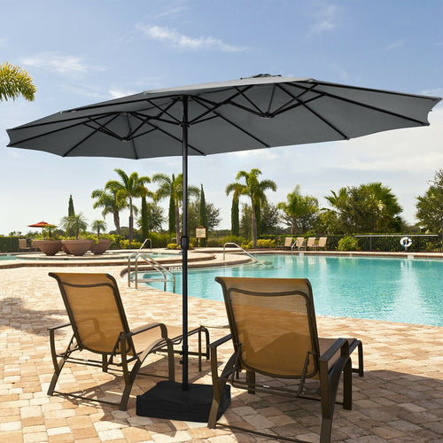 15 Feet Double-Sided Twin Patio Umbrella with Crank and Base Coffee in Outdoor Market, Gray