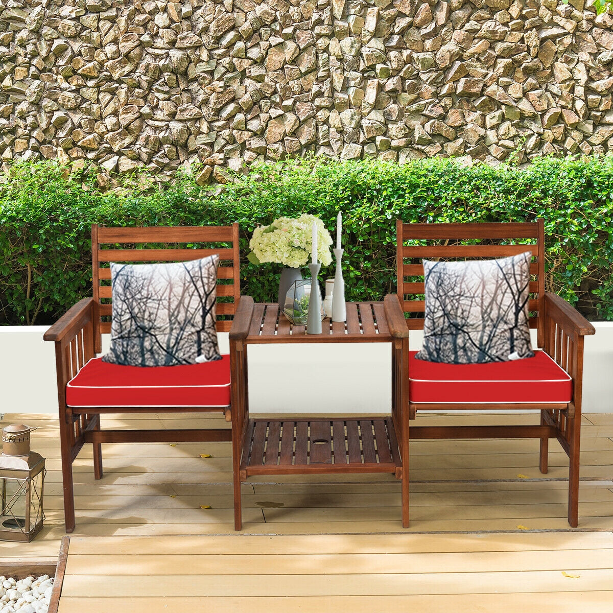 3 pcs Outdoor Patio Table Chairs Set Acacia Wood Loveseat, Red Patio Conversation Sets at Gallery Canada