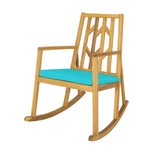 Patio Acacia Wood Rocking Chair Sofa with Armrest and Cushion for Garden and Deck, Turquoise