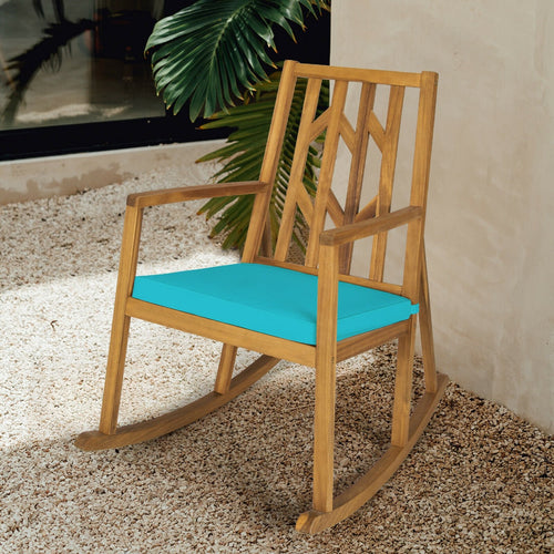 Patio Acacia Wood Rocking Chair Sofa with Armrest and Cushion for Garden and Deck, Turquoise