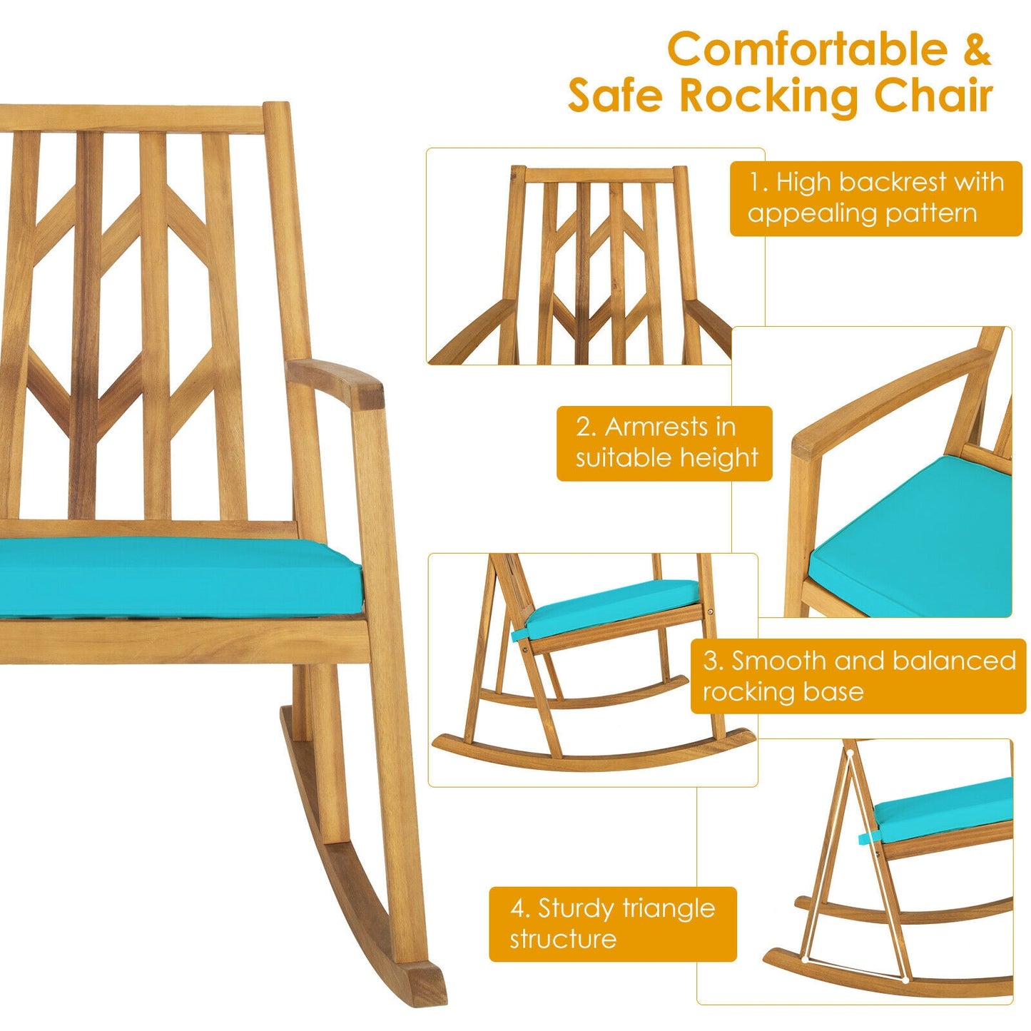 Patio Acacia Wood Rocking Chair Sofa with Armrest and Cushion for Garden and Deck, Turquoise Patio Rocking Chairs & Gliders at Gallery Canada