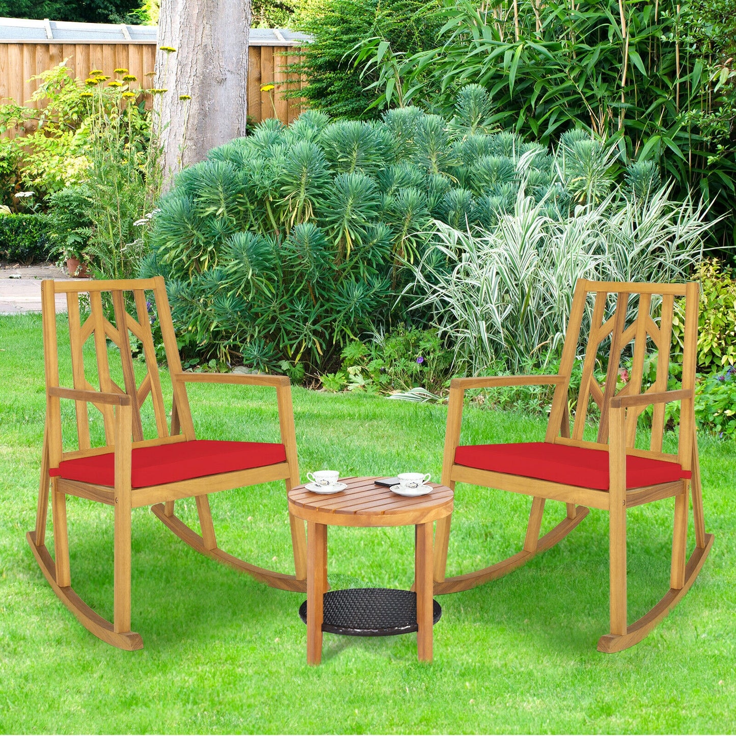 Acacia Wood Rocking Chair Sofa With Armrest And Cushion, Red Patio Rocking Chairs & Gliders at Gallery Canada