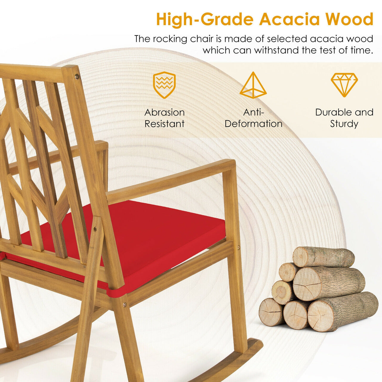 Patio Acacia Wood Rocking Chair Sofa with Armrest and Cushion for Garden and Deck - Gallery View 8 of 10